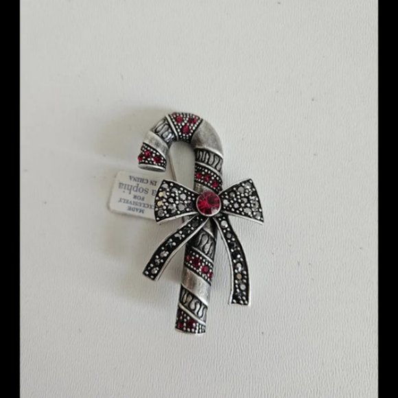 Lia Sophia Red Ruby Rhinestones Marcasite Candy Cane Bow 2"x1"Christmas Brooch - Picture 2 of 5